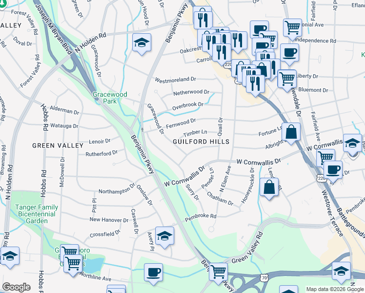 map of restaurants, bars, coffee shops, grocery stores, and more near 1202 Gracewood Drive in Greensboro