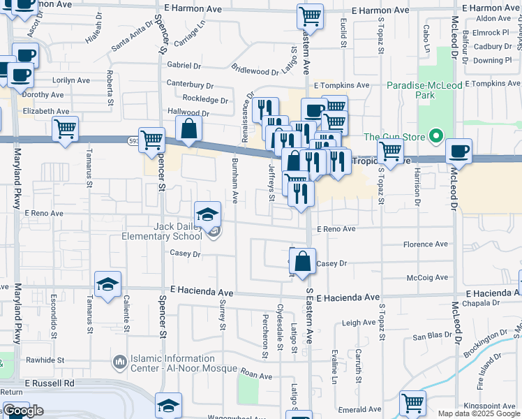 map of restaurants, bars, coffee shops, grocery stores, and more near 5055 Jeffreys Street in Las Vegas