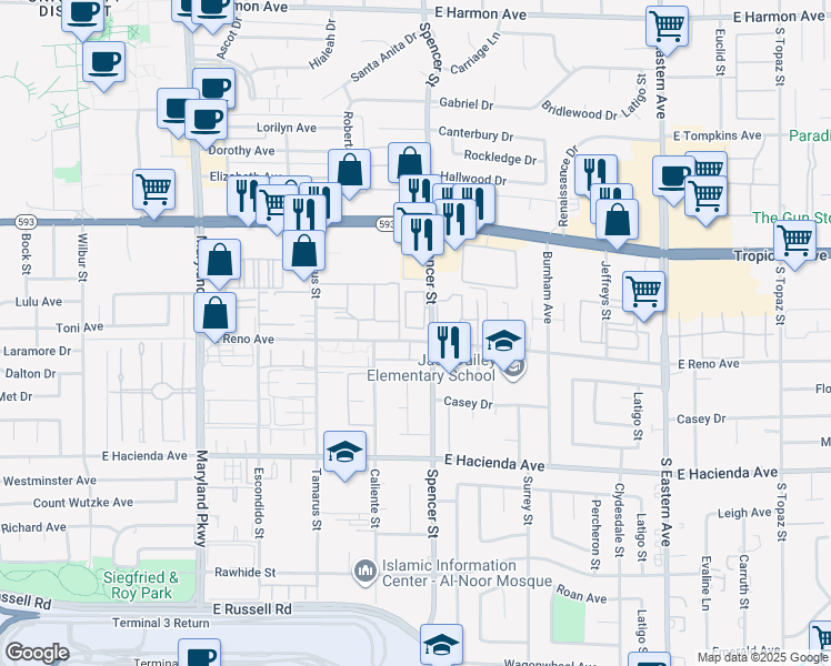 map of restaurants, bars, coffee shops, grocery stores, and more near 5039 Spencer Street in Las Vegas