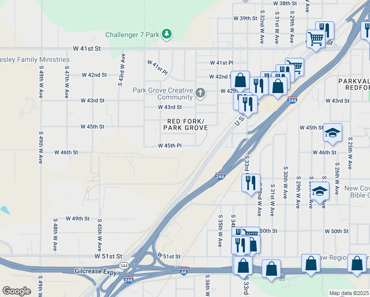 map of restaurants, bars, coffee shops, grocery stores, and more near 3724 West 45th Place in Tulsa
