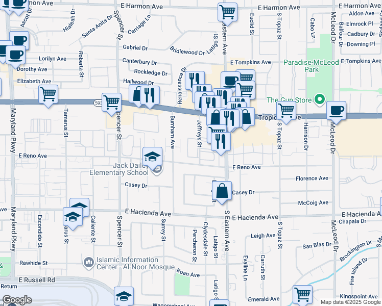 map of restaurants, bars, coffee shops, grocery stores, and more near 5055 Jeffreys Street in Las Vegas