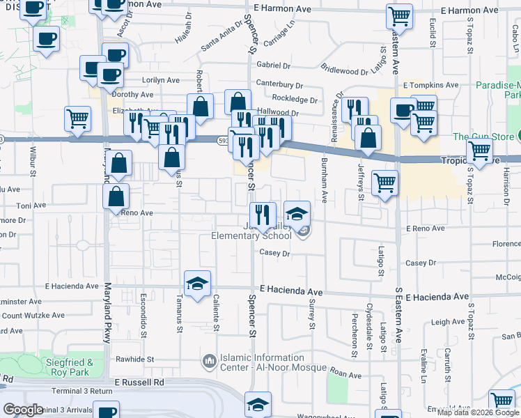 map of restaurants, bars, coffee shops, grocery stores, and more near 5096 Spencer Street in Las Vegas