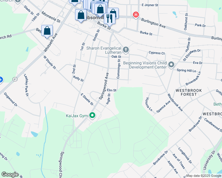 map of restaurants, bars, coffee shops, grocery stores, and more near 319 Elm Street in Gibsonville