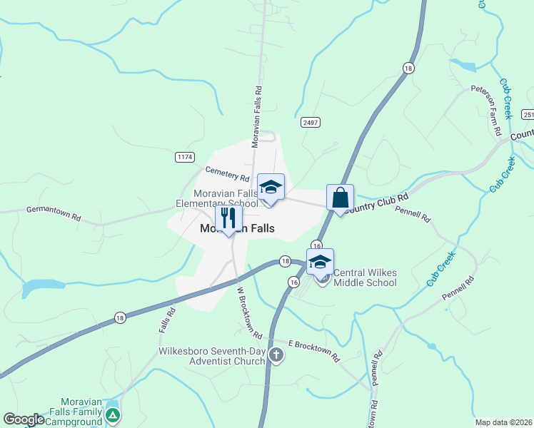 map of restaurants, bars, coffee shops, grocery stores, and more near 2001 Moravian Falls Road in Moravian Falls