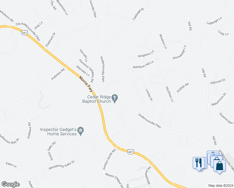 map of restaurants, bars, coffee shops, grocery stores, and more near 7962 Andersonville Pike in Knoxville