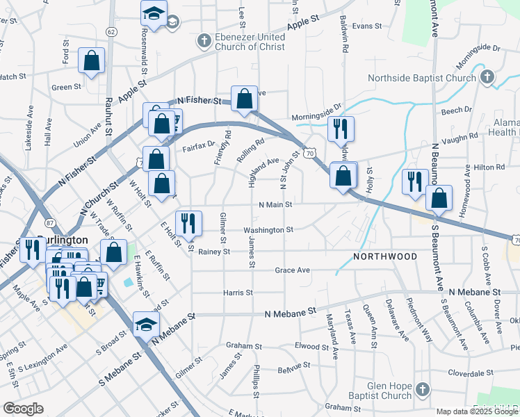 map of restaurants, bars, coffee shops, grocery stores, and more near 905 North Main Street in Burlington