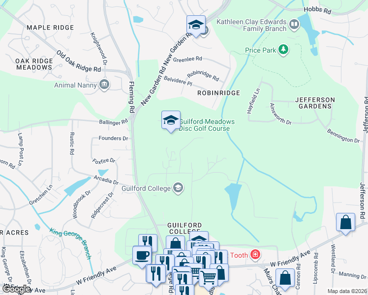 map of restaurants, bars, coffee shops, grocery stores, and more near Elizabeth Fry Road in Greensboro