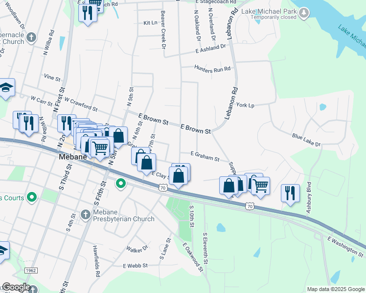 map of restaurants, bars, coffee shops, grocery stores, and more near 202 North 9th Street in Mebane