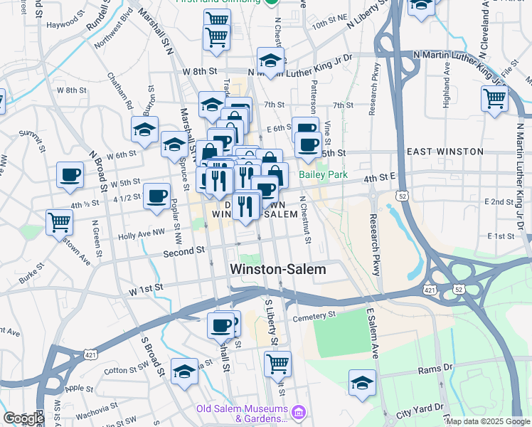 map of restaurants, bars, coffee shops, grocery stores, and more near 8 West 3rd Street in Winston-Salem