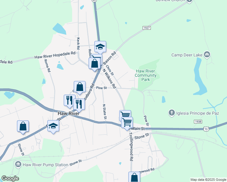map of restaurants, bars, coffee shops, grocery stores, and more near 169 North Wilkins Road in Haw River