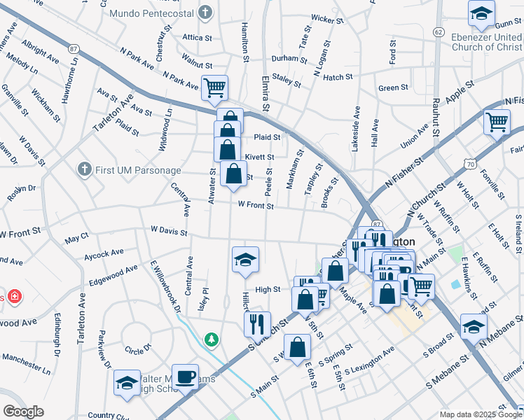 map of restaurants, bars, coffee shops, grocery stores, and more near 704 West Front Street in Burlington