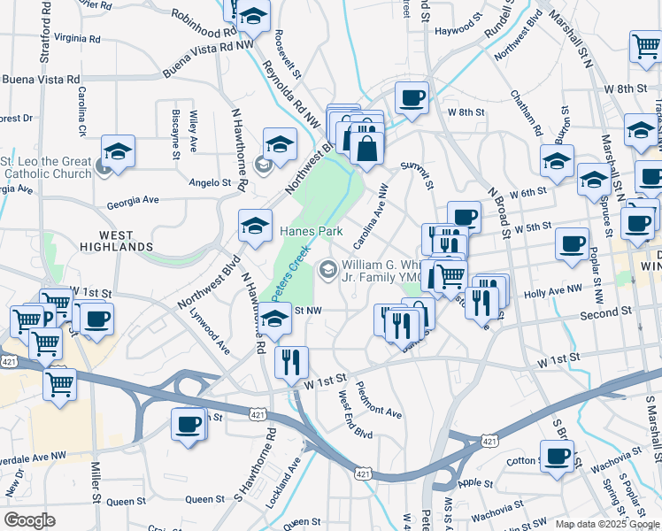 map of restaurants, bars, coffee shops, grocery stores, and more near 725 West End Boulevard in Winston-Salem