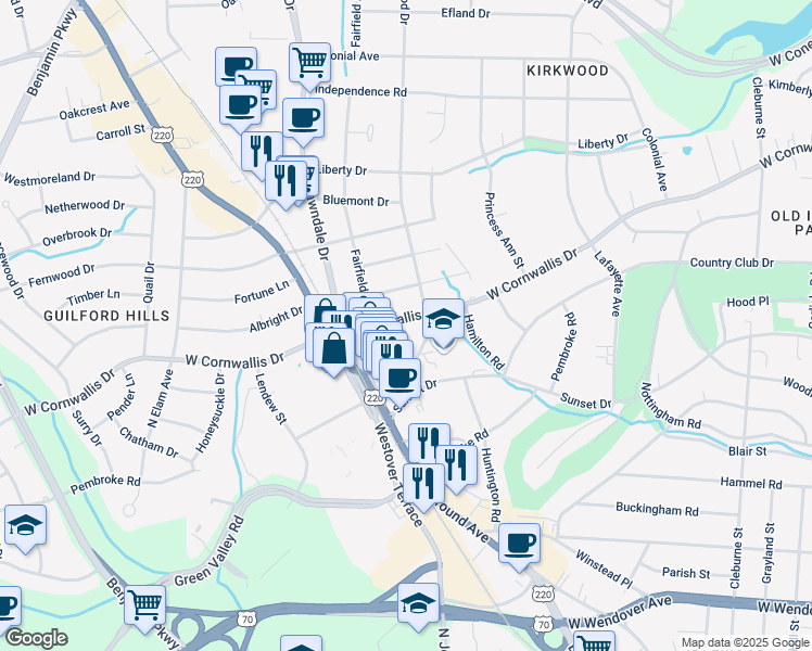 map of restaurants, bars, coffee shops, grocery stores, and more near 1507 West Cornwallis Drive in Greensboro