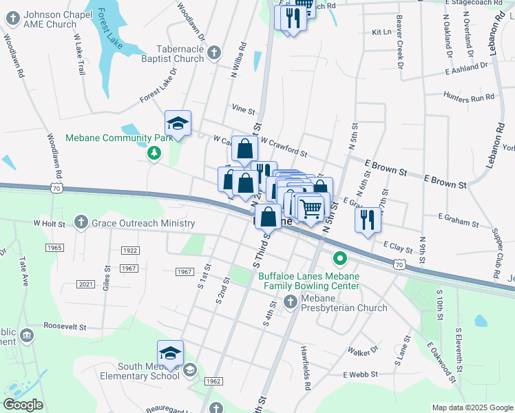 map of restaurants, bars, coffee shops, grocery stores, and more near 206 W Center St in Mebane
