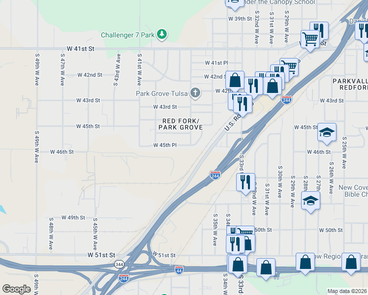 map of restaurants, bars, coffee shops, grocery stores, and more near 3714 West 45th Place in Tulsa