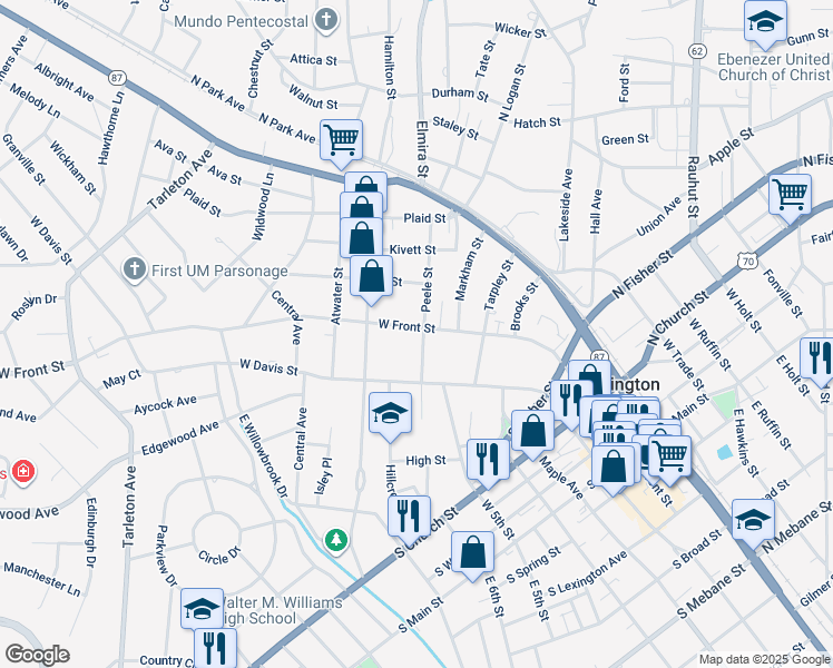 map of restaurants, bars, coffee shops, grocery stores, and more near 704 West Front Street in Burlington