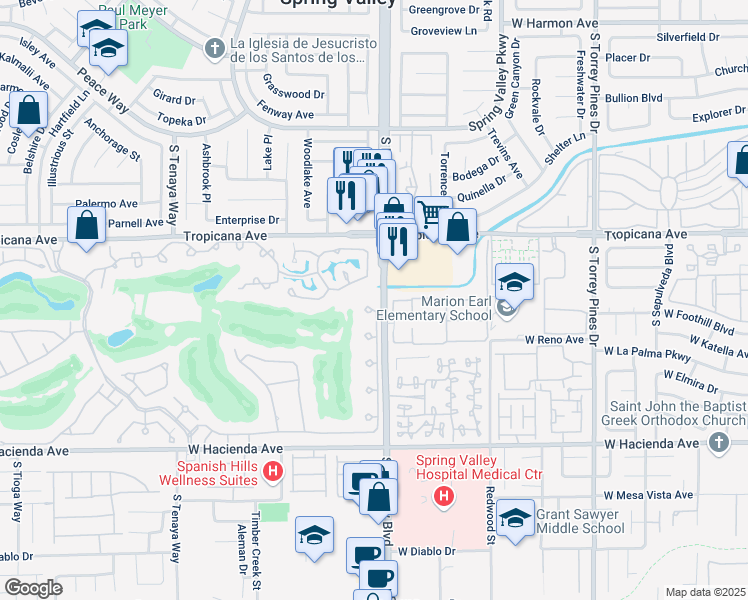 map of restaurants, bars, coffee shops, grocery stores, and more near 95 Princeville Lane in Las Vegas