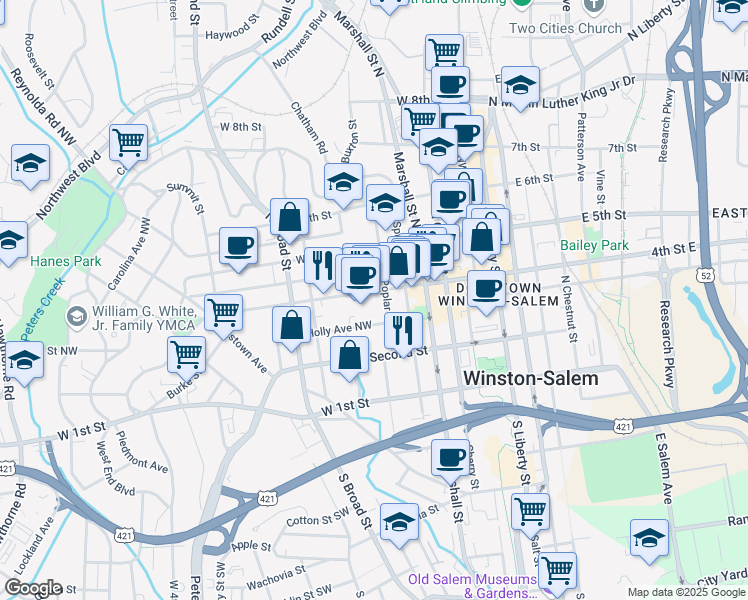 map of restaurants, bars, coffee shops, grocery stores, and more near 614 4th Street Northwest in Winston-Salem