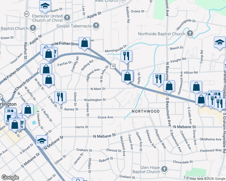 map of restaurants, bars, coffee shops, grocery stores, and more near 1021 North Main Street in Burlington