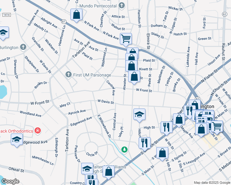 map of restaurants, bars, coffee shops, grocery stores, and more near 819 Central Avenue in Burlington
