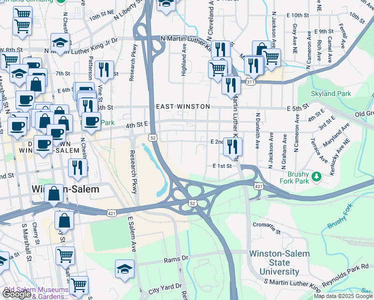 map of restaurants, bars, coffee shops, grocery stores, and more near 181 Highland Avenue in Winston-Salem