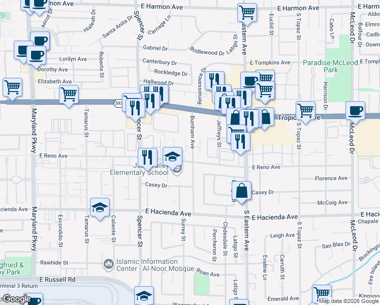 map of restaurants, bars, coffee shops, grocery stores, and more near 5066 Stormy Circle in Las Vegas