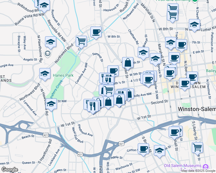map of restaurants, bars, coffee shops, grocery stores, and more near 851 West 4th Street in Winston-Salem