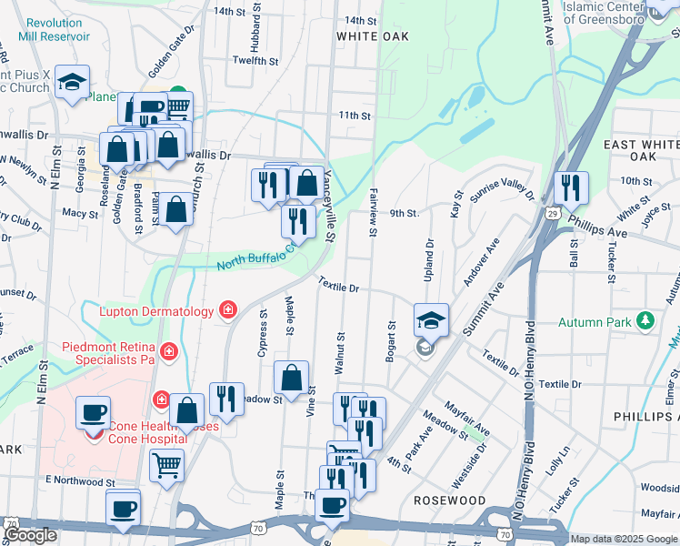 map of restaurants, bars, coffee shops, grocery stores, and more near 1507 Walnut Street in Greensboro