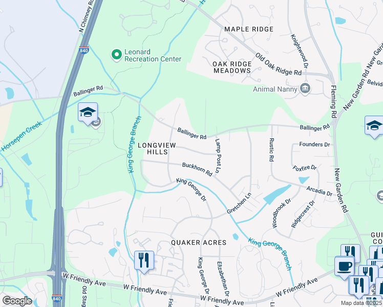map of restaurants, bars, coffee shops, grocery stores, and more near 6203 Stockbridge Drive in Greensboro