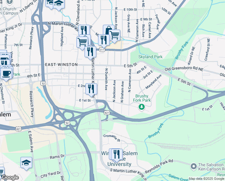 map of restaurants, bars, coffee shops, grocery stores, and more near 212 North Jackson Avenue in Winston-Salem
