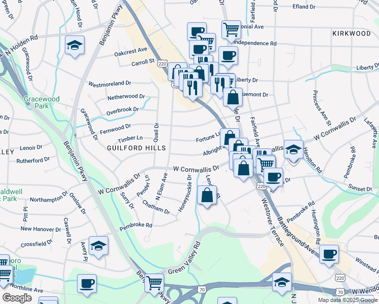 map of restaurants, bars, coffee shops, grocery stores, and more near 2328 Albright Drive in Greensboro