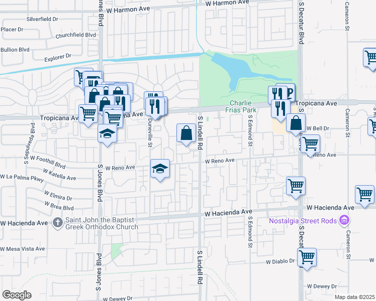 map of restaurants, bars, coffee shops, grocery stores, and more near 5055 South Lindell Road in Las Vegas