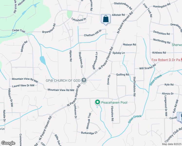 map of restaurants, bars, coffee shops, grocery stores, and more near 584 Peace Haven Road North in Winston Salem
