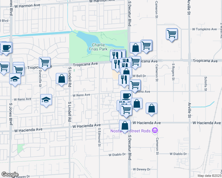 map of restaurants, bars, coffee shops, grocery stores, and more near 5155 West Tropicana Avenue in Las Vegas