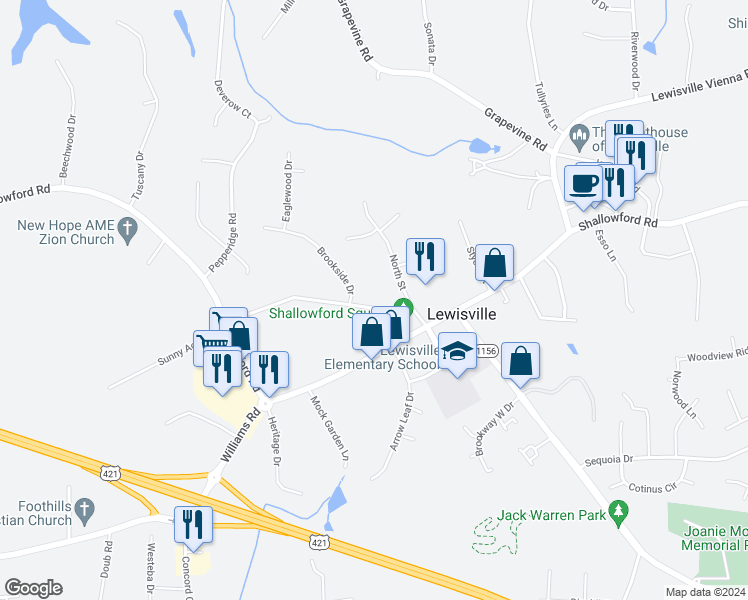 map of restaurants, bars, coffee shops, grocery stores, and more near 165 Belnette Drive in Lewisville