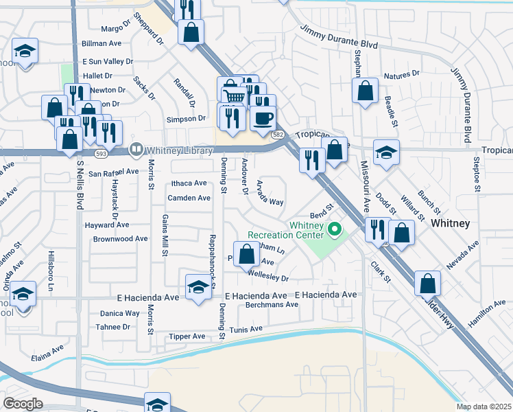 map of restaurants, bars, coffee shops, grocery stores, and more near 5046 Andover Drive in Las Vegas