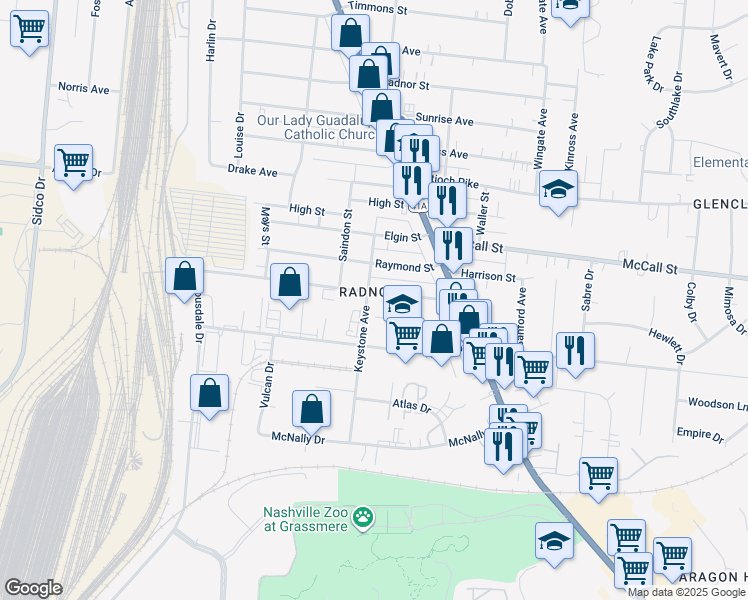 map of restaurants, bars, coffee shops, grocery stores, and more near 429 Veritas Street in Nashville