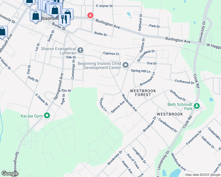 map of restaurants, bars, coffee shops, grocery stores, and more near 632 Scott Drive in Gibsonville