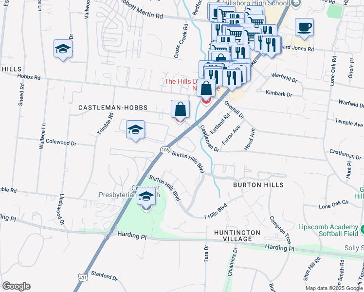 map of restaurants, bars, coffee shops, grocery stores, and more near 5000 Hillsboro Pike in Nashville