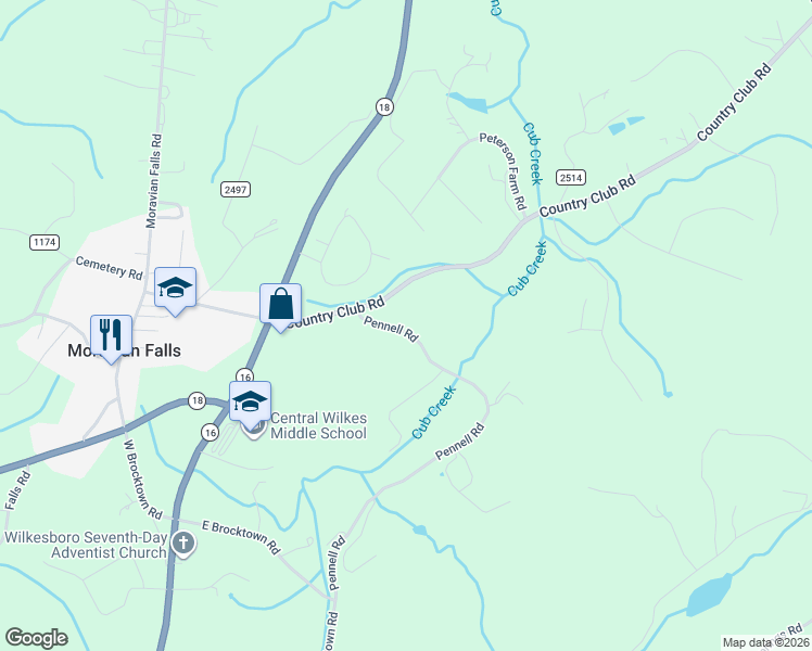map of restaurants, bars, coffee shops, grocery stores, and more near 215 Pennell Road in Moravian Falls