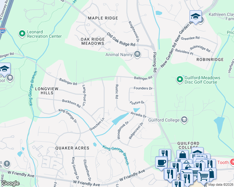 map of restaurants, bars, coffee shops, grocery stores, and more near 1115 Rustic Road in Greensboro