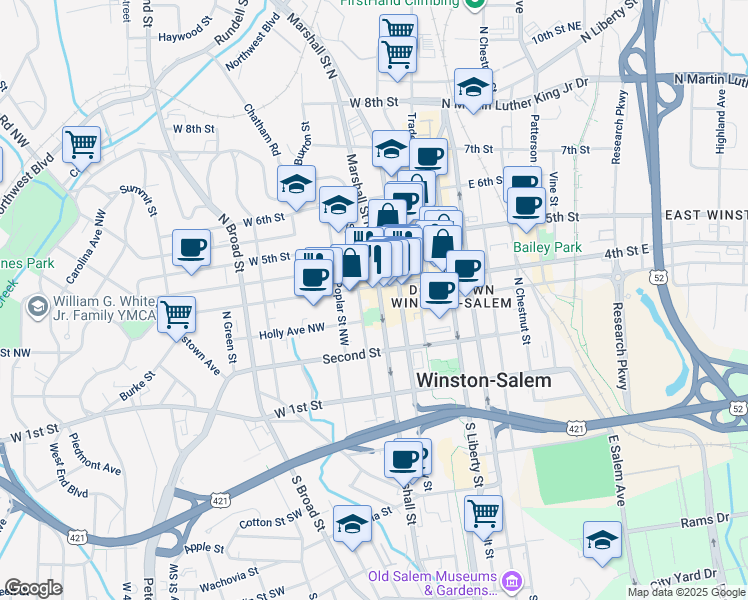 map of restaurants, bars, coffee shops, grocery stores, and more near 503 West 4th Street in Winston-Salem