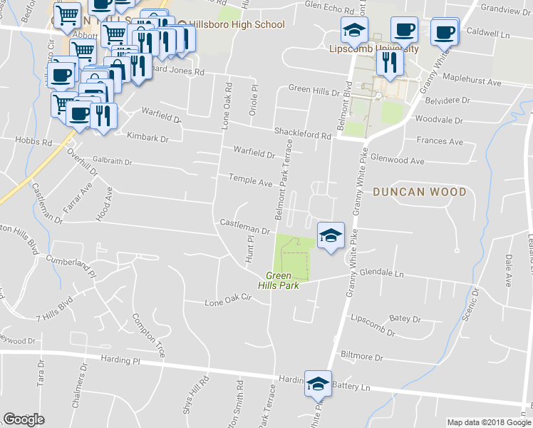 map of restaurants, bars, coffee shops, grocery stores, and more near 4329 Belmont Park Terrace in Nashville