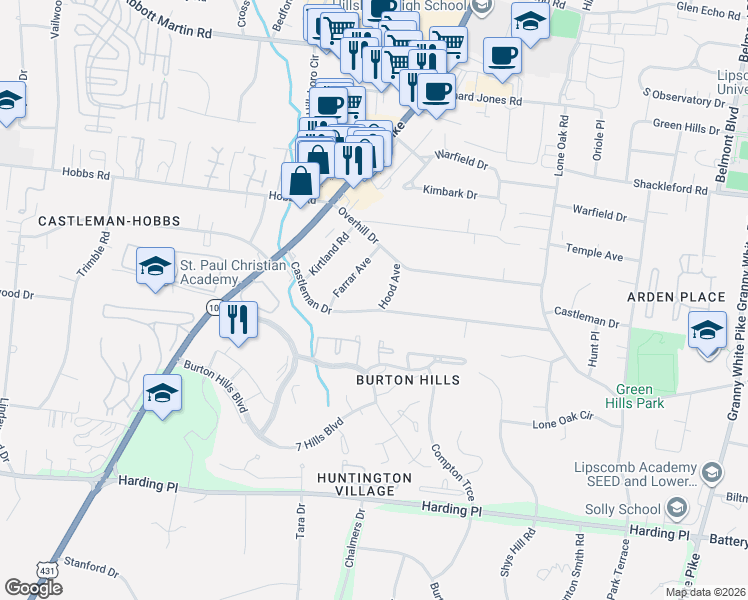 map of restaurants, bars, coffee shops, grocery stores, and more near 4209 Hood Ave in Nashville