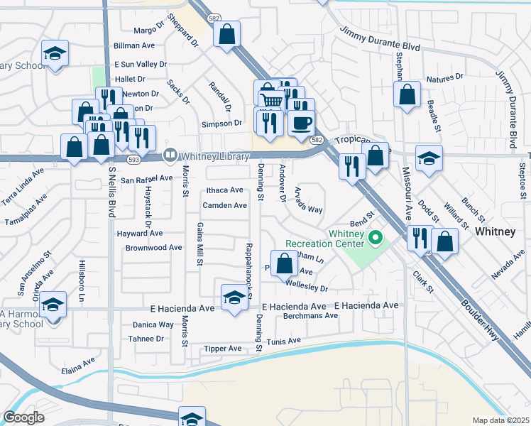 map of restaurants, bars, coffee shops, grocery stores, and more near 5030 Denning Street in Las Vegas