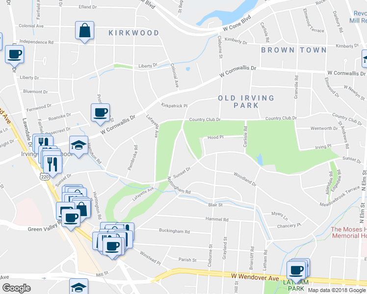 map of restaurants, bars, coffee shops, grocery stores, and more near 809 Woodland Drive in Greensboro
