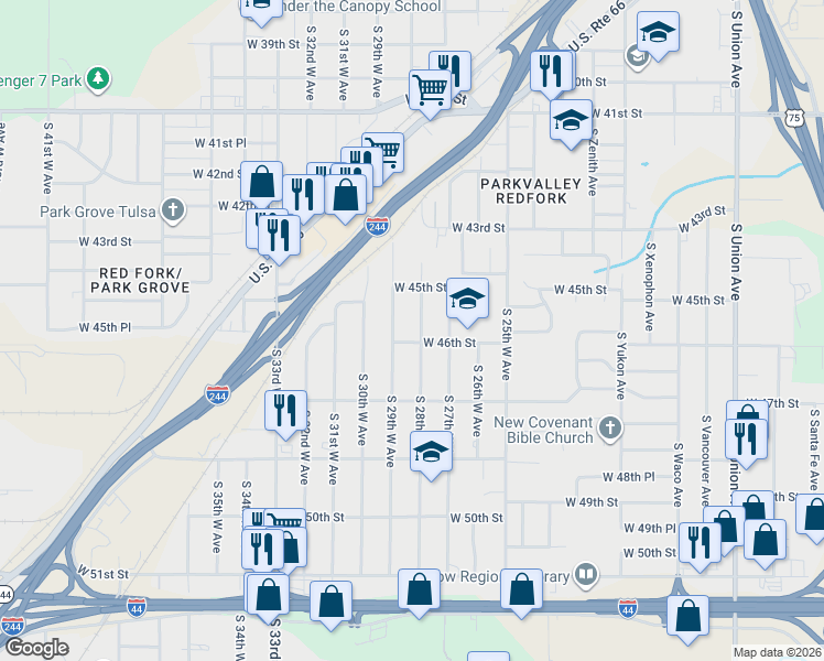 map of restaurants, bars, coffee shops, grocery stores, and more near 4540 South 28th West Avenue in Tulsa