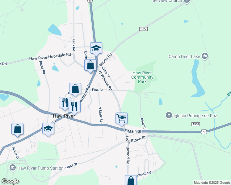 map of restaurants, bars, coffee shops, grocery stores, and more near 169 North Wilkins Road in Haw River