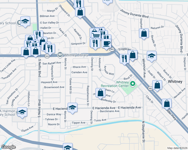 map of restaurants, bars, coffee shops, grocery stores, and more near 5030 Denning Street in Las Vegas