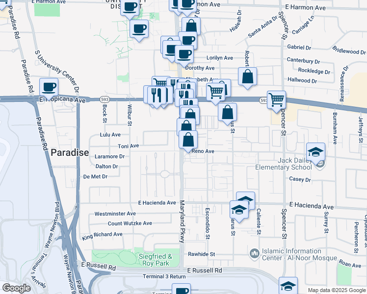 map of restaurants, bars, coffee shops, grocery stores, and more near 5078 South Maryland Parkway in Las Vegas